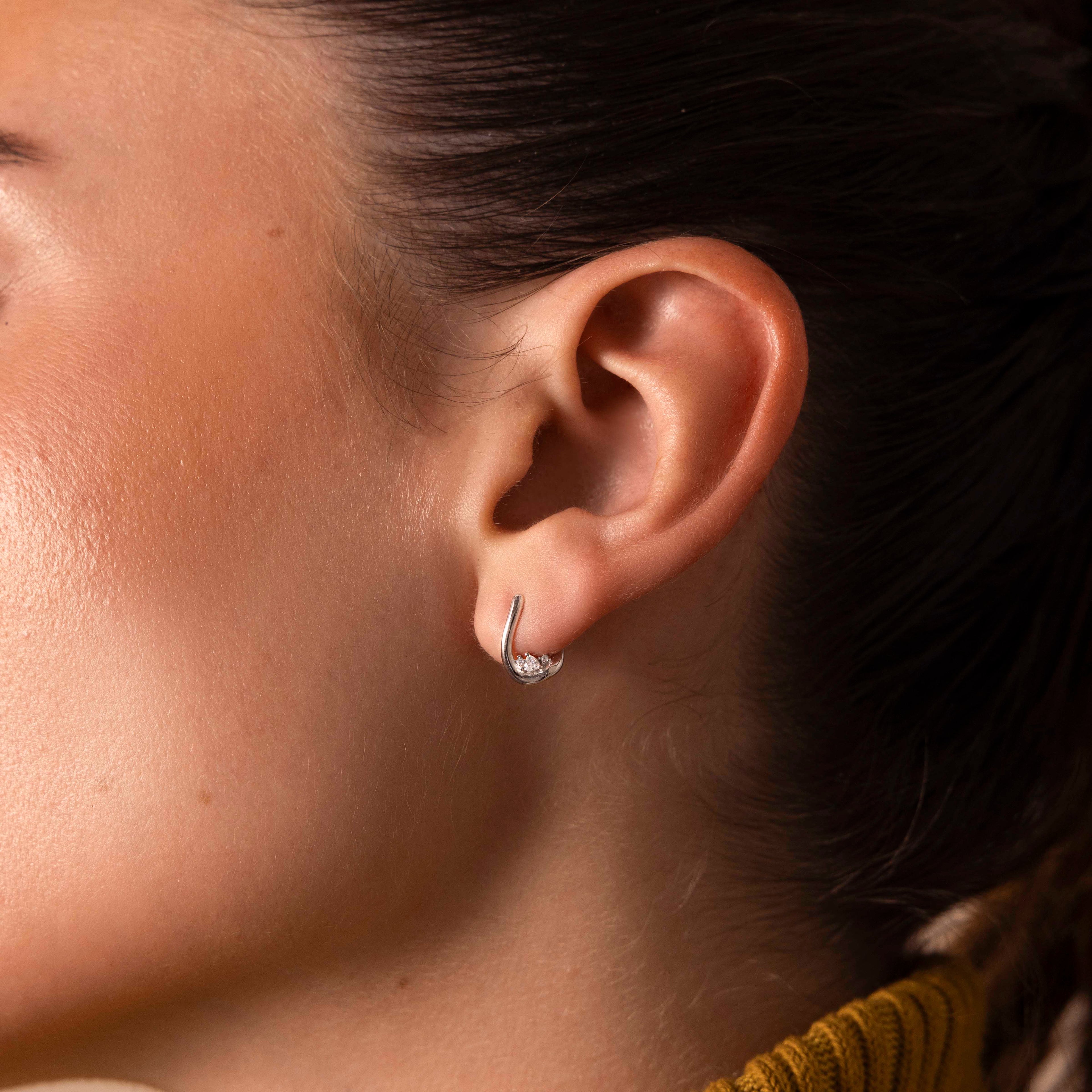 Curved Diamond Teardrop Hoops in Silver