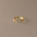 The Dainty Ribbed Aquamarine Ring features a gold band with a rectangular aquamarine gemstone at its center, shown against a neutral background.