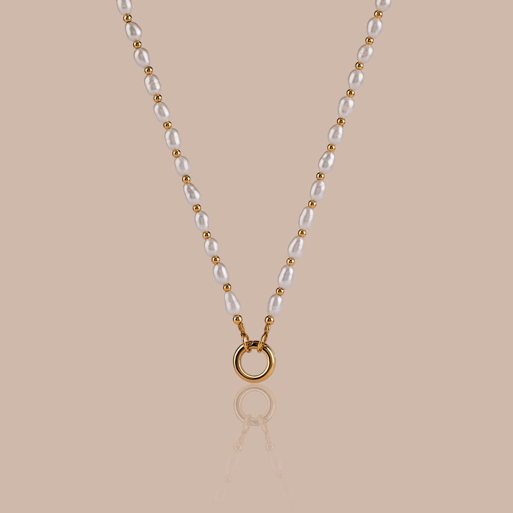 Pearl Station Beaded Charm Necklace in 18K Gold