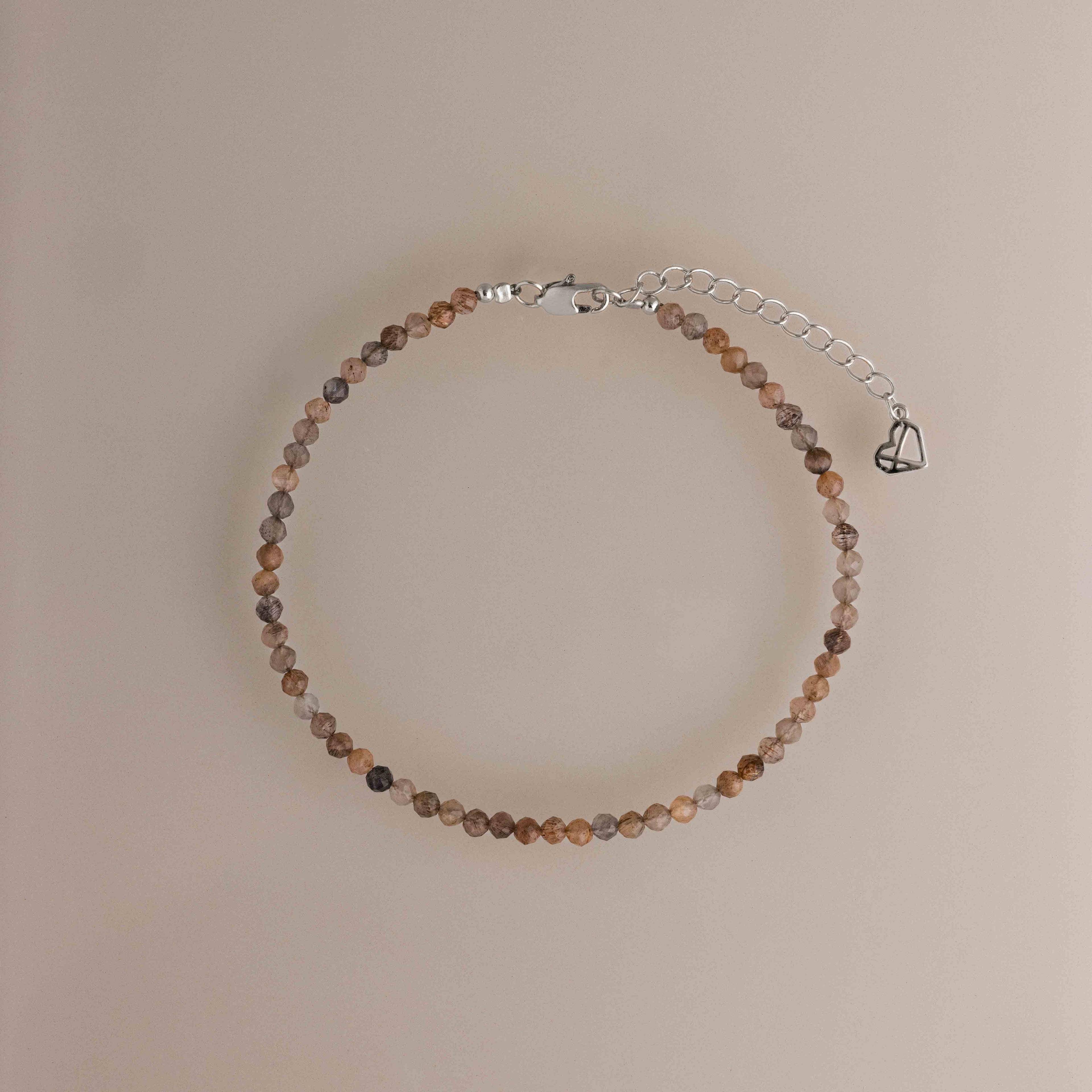 Sunstone Beaded Charm Anklet in Silver