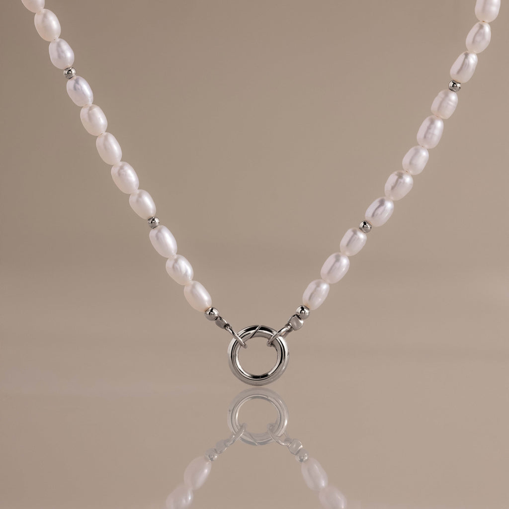 Pearl Beaded Charm Necklace in Silver