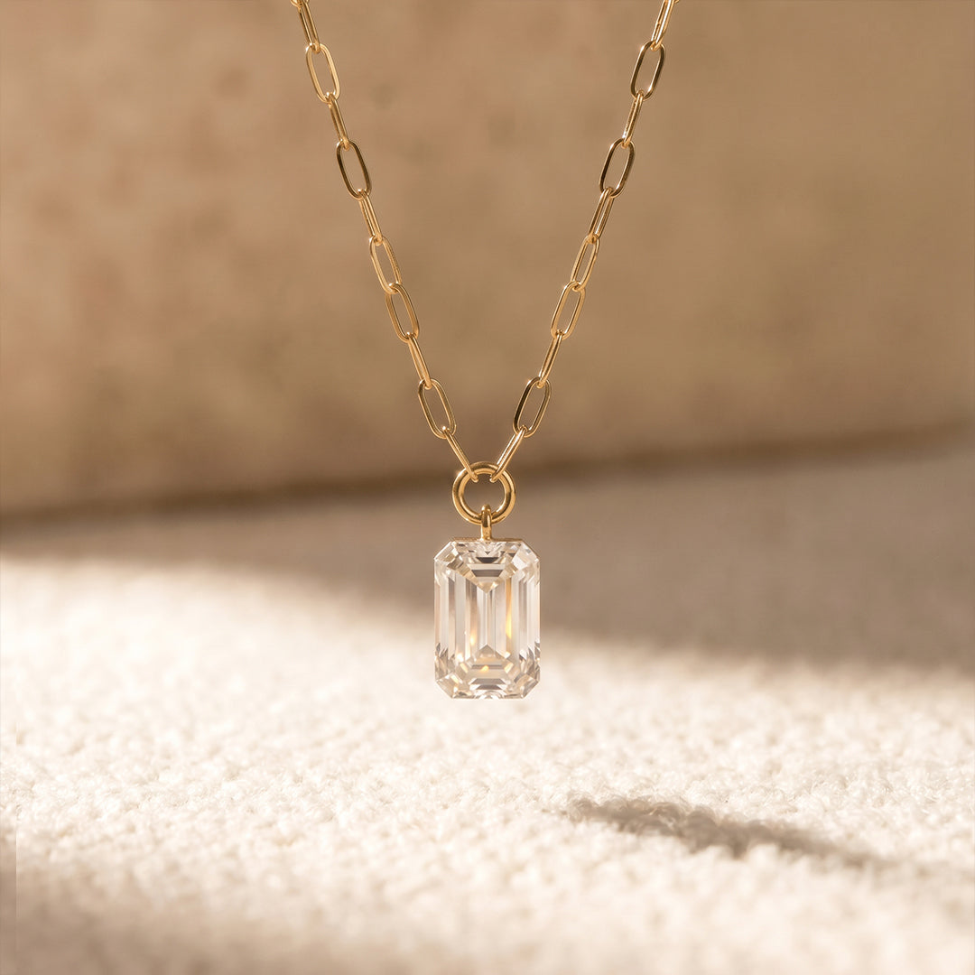 Solid Gold Diamond Emerald Cut Solitaire Necklace