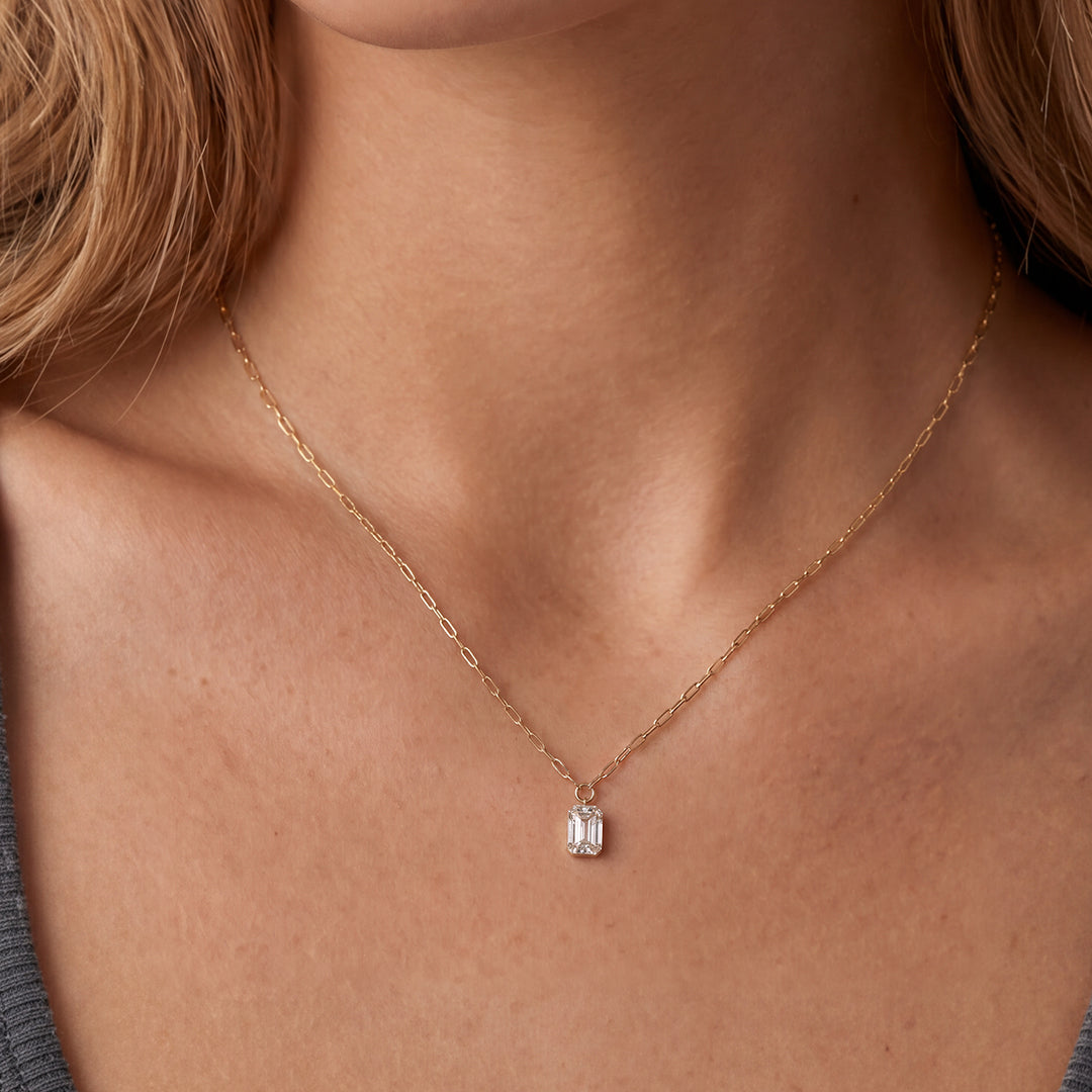 Solid Gold Diamond Emerald Cut Solitaire Necklace