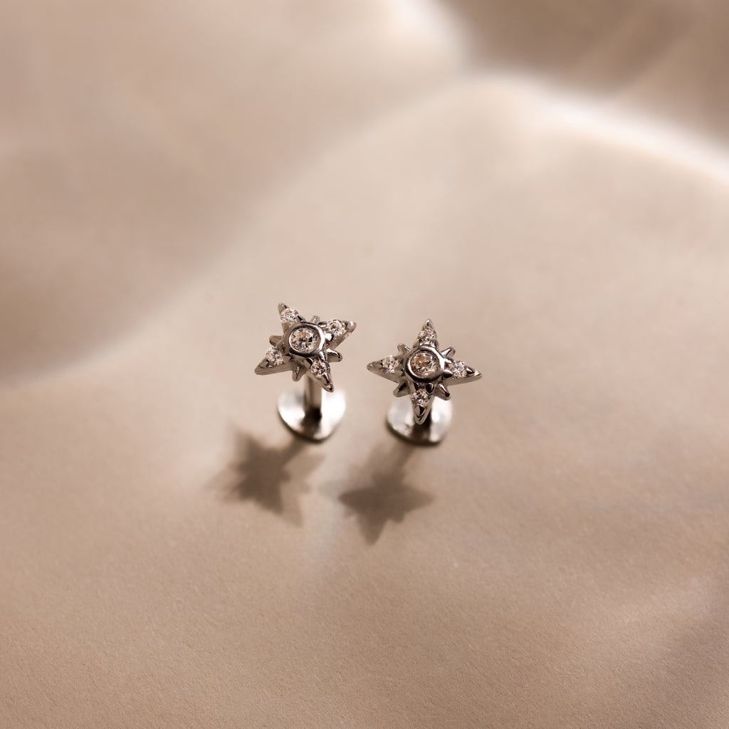 Close up of pair of silver dainty Pave CZ Diamond North Star Studs with heart shaped flat backs standing against a soft beige background