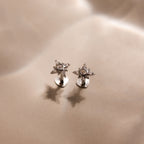 Close up of pair of silver dainty Pave CZ Diamond North Star Studs with heart shaped flat backs standing against a soft beige background