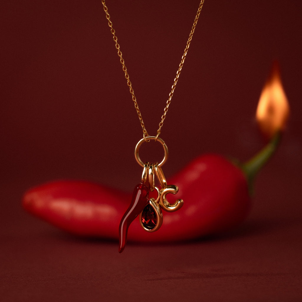 The Chili Pepper Charm in 18K Gold adds playful heat to your jewelry collection with its bold design, sparkling gem accents, and letter charms—perfect for standing out.