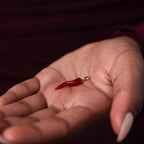 A hand holds the Chili Pepper Charm in 18K Gold, a small red pendant with a gold loop—perfect for adding to your favorite charm necklace or jewelry collection.