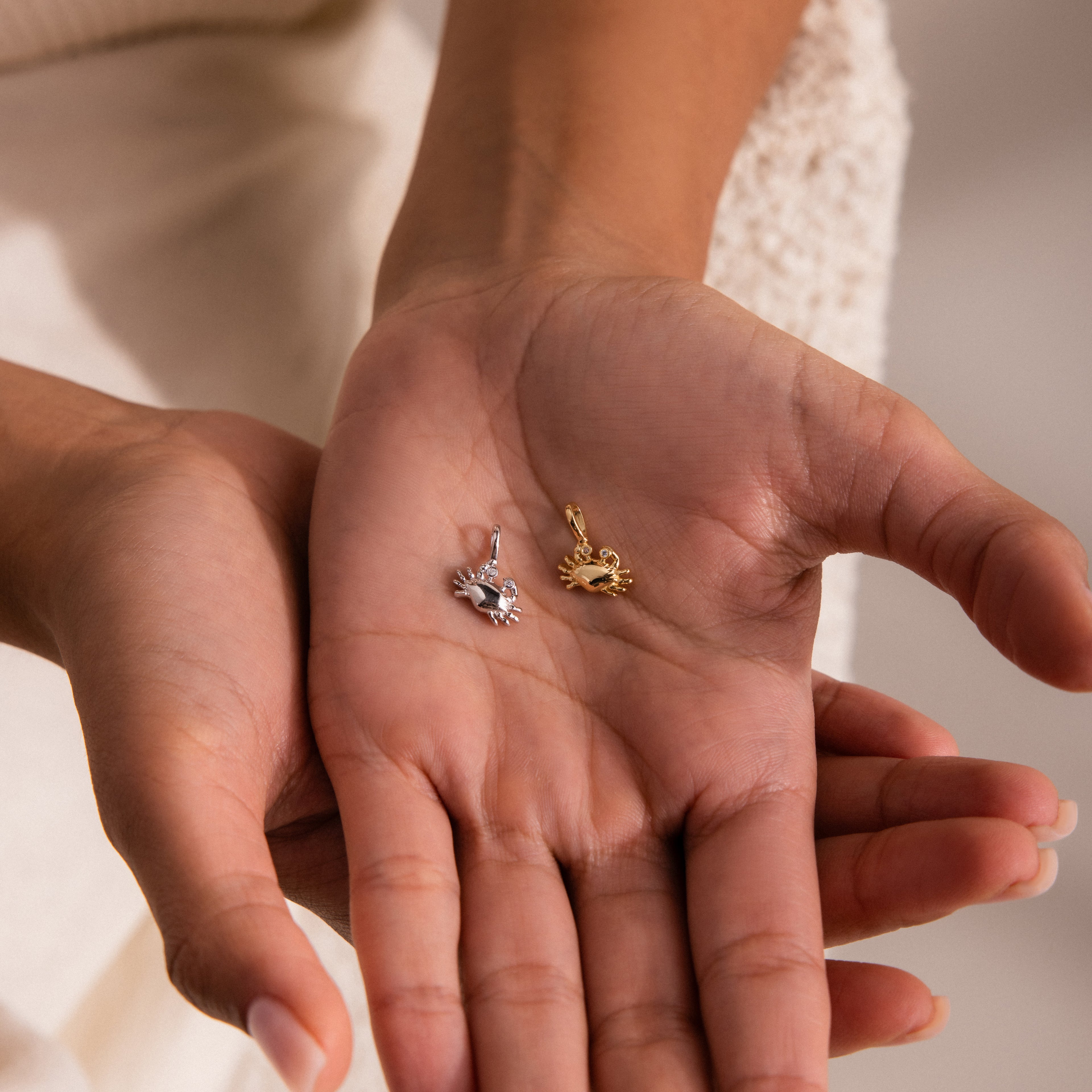 Hand holding two crab-shaped charms, one in polished silver and one in gold, each with a tiny gemstone accent.
