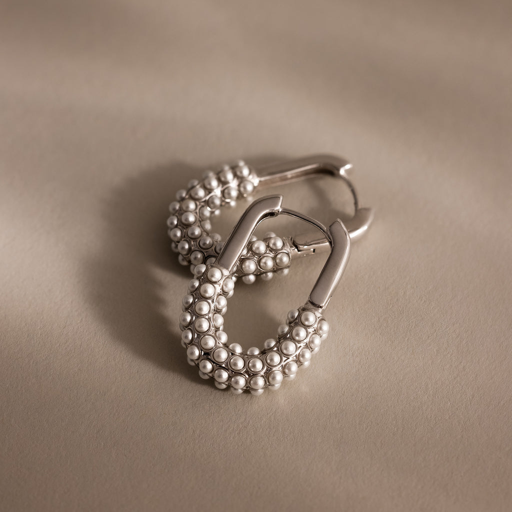 Pearl Cluster Link Hoops in Silver