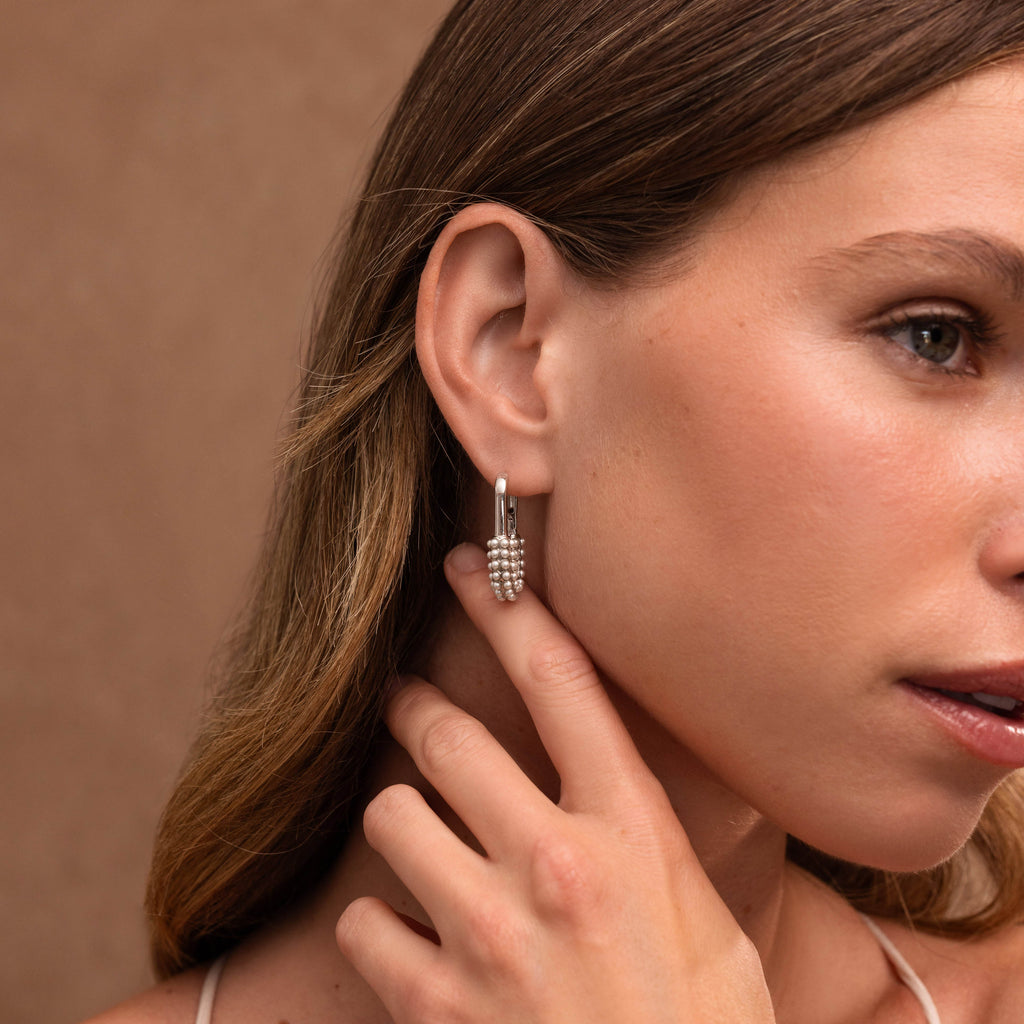 Pearl Cluster Link Hoops in Silver