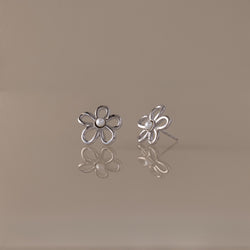 Silver flower stud earrings with a small white pearl center, reflecting on a beige surface.