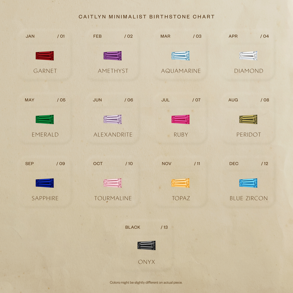 The birthstone chart displays colorful gems for each month and black onyx—ideal inspiration for creating a Toi et Moi Tapered Birthstone Ring or designing your own personalized piece.