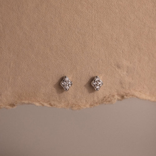 Pair of silver diamond stud earrings on a textured brown surface