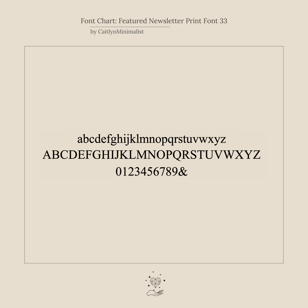 Font chart for Newsletter Initial Bracelet displays uppercase, lowercase, numbers, and ampersand in black—ideal for personalizing your elegant bracelet with stylish lettering.