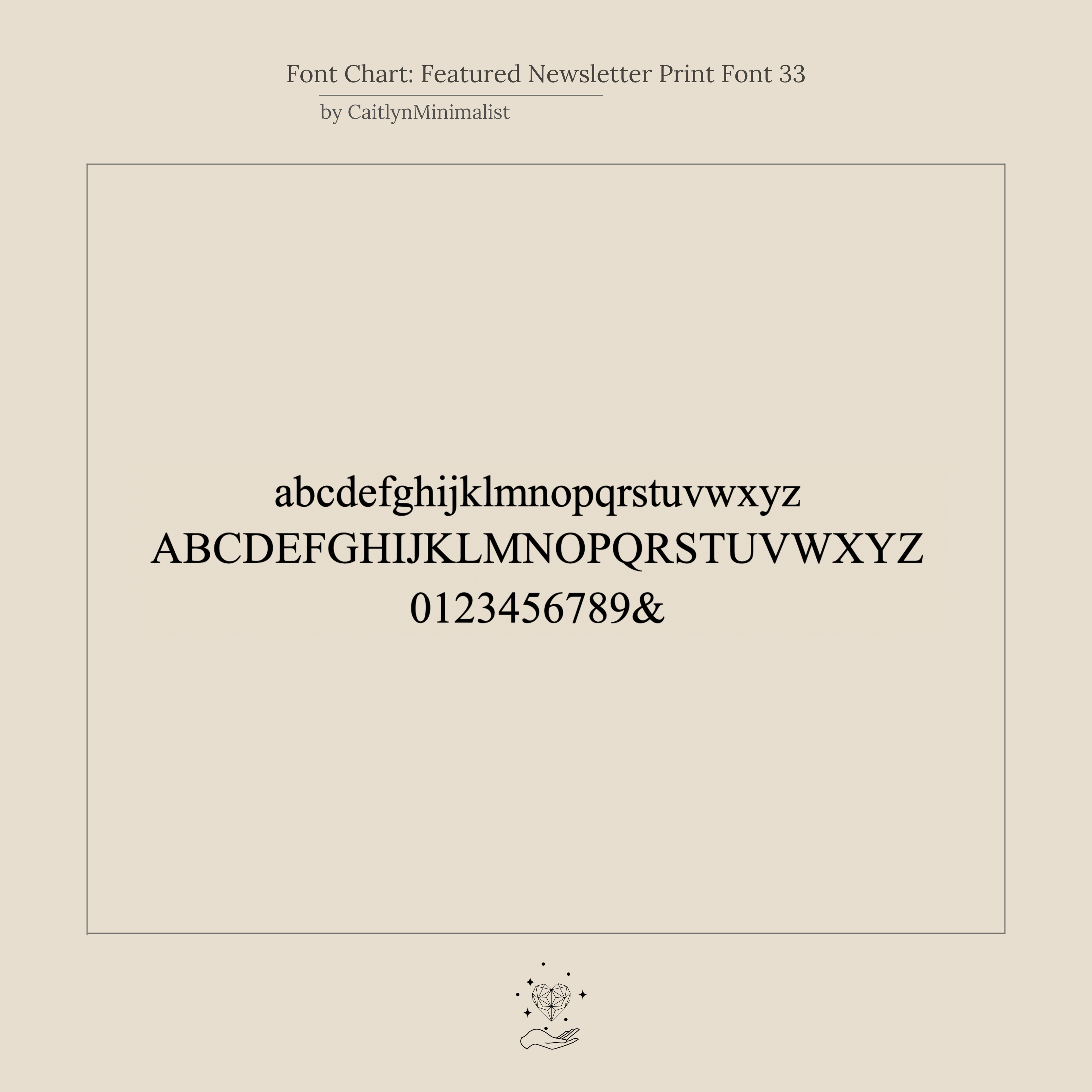 Font chart for Newsletter Initial Bracelet displays uppercase, lowercase, numbers, and ampersand in black—ideal for personalizing your elegant bracelet with stylish lettering.