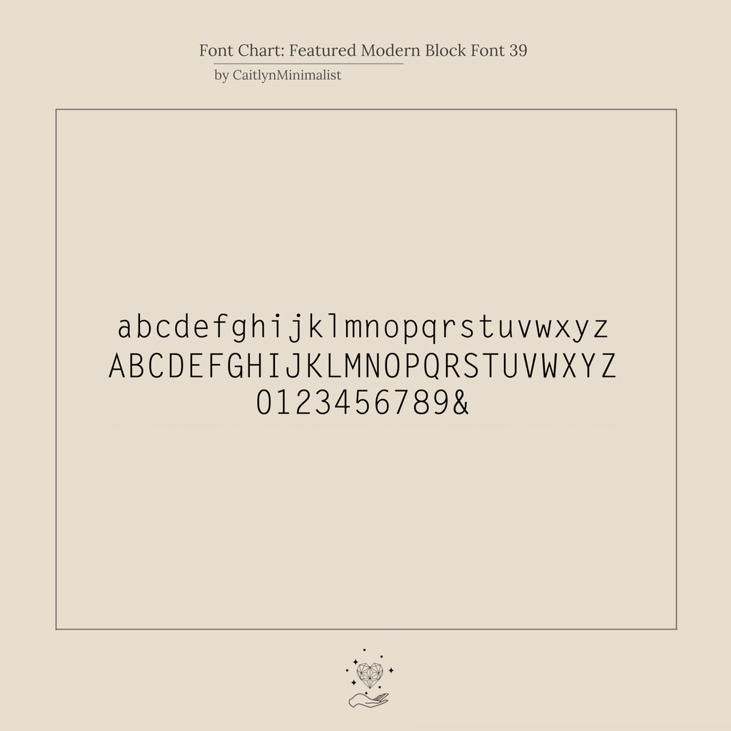 Modern block font chart displays lowercase and uppercase letters, numbers 0-9, and an ampersand on a beige background—ideal for creating a personalized Mini Pave Sideways Initial Necklace.