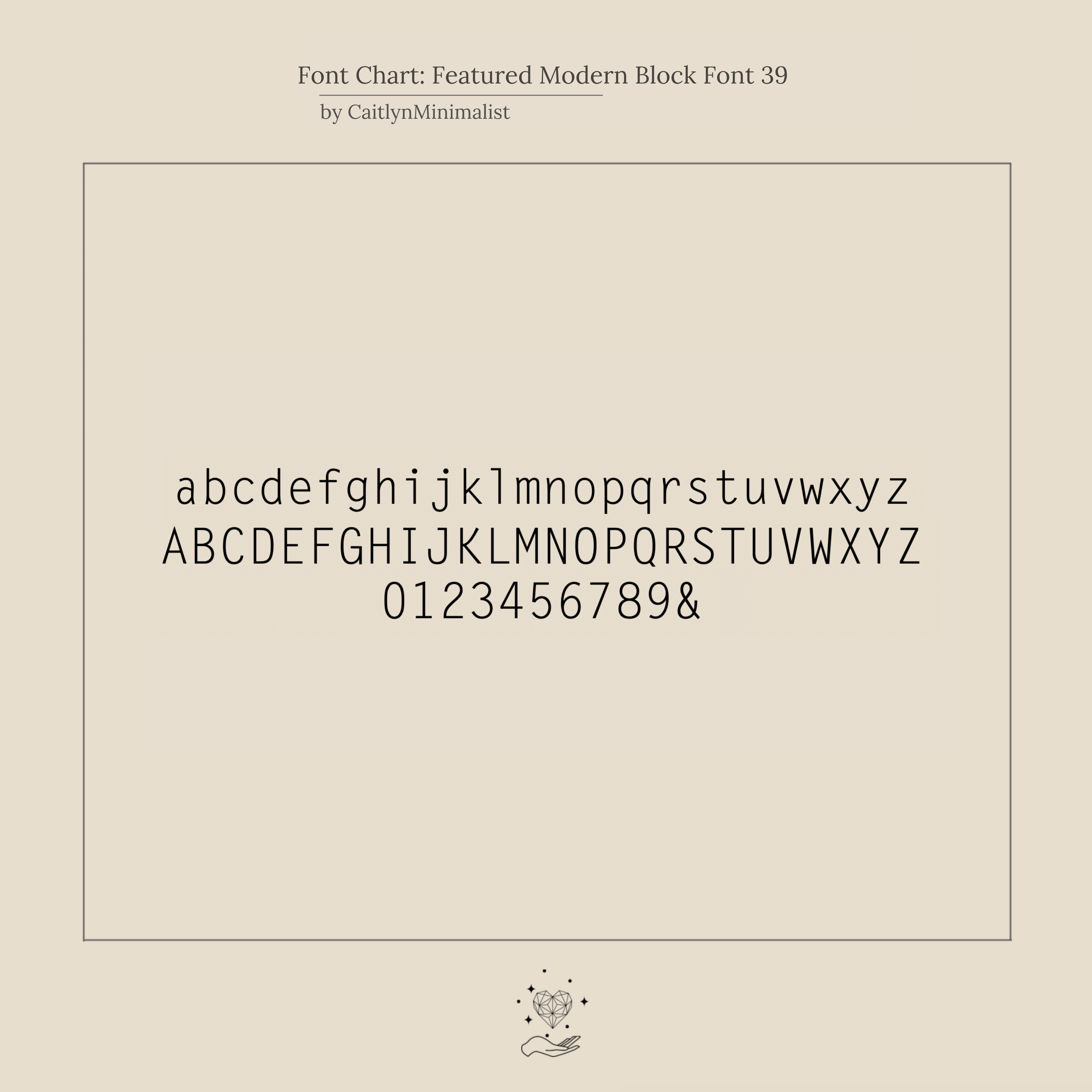 Modern block font chart displays lowercase and uppercase letters, numbers 0-9, and an ampersand on a beige background—ideal for creating a personalized Mini Pave Sideways Initial Necklace.