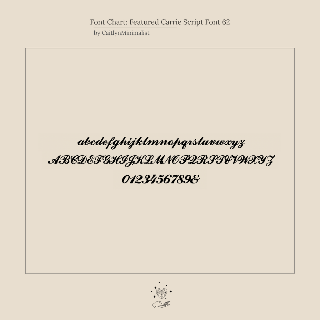 Carrie Script font chart shows uppercase, lowercase, and numbers in elegant cursive—ideal for designing the Carrie Initial Bracelet or other personalized jewelry like a custom delicate bracelet.