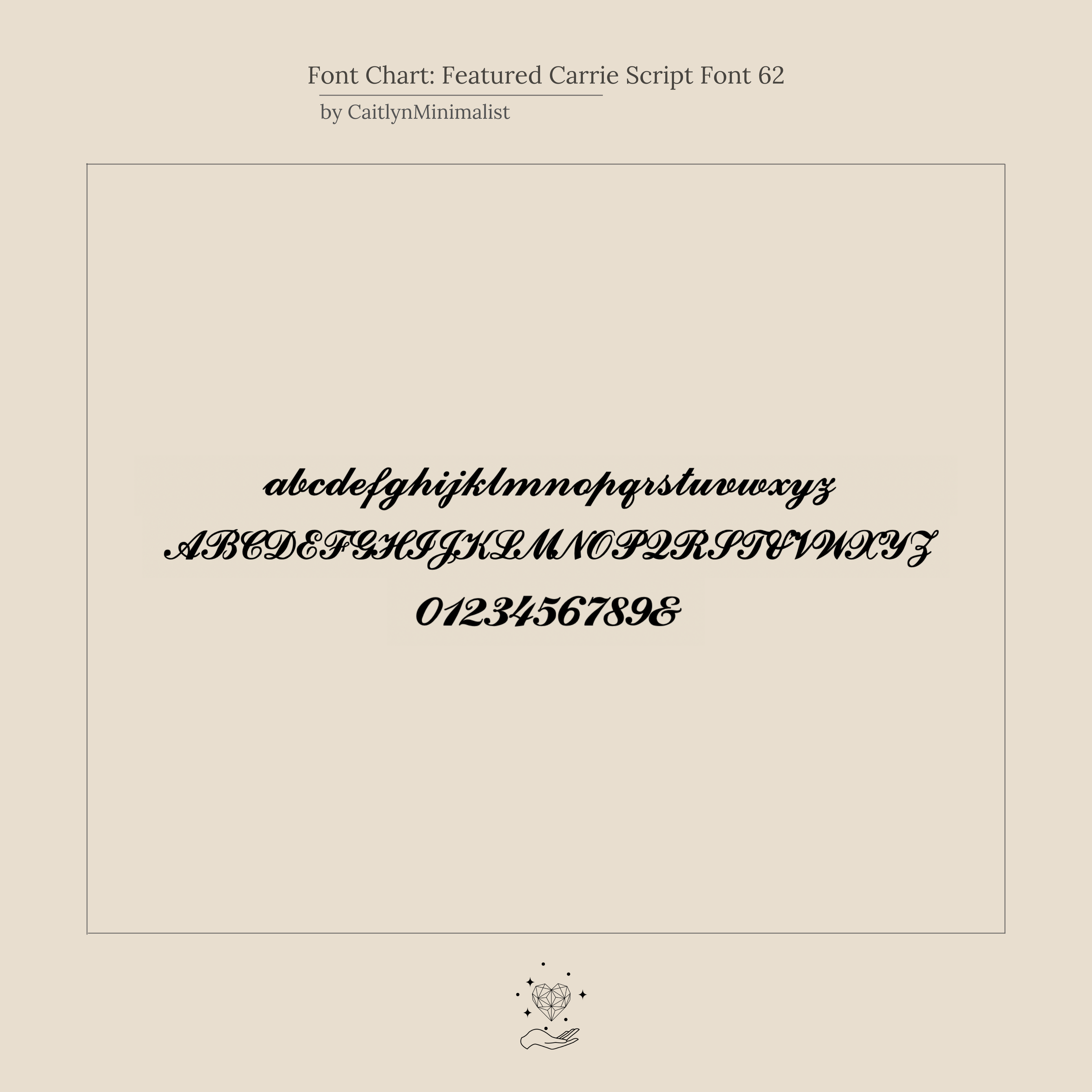 Carrie Script font chart shows uppercase, lowercase, and numbers in elegant cursive—ideal for designing the Carrie Initial Bracelet or other personalized jewelry like a custom delicate bracelet.