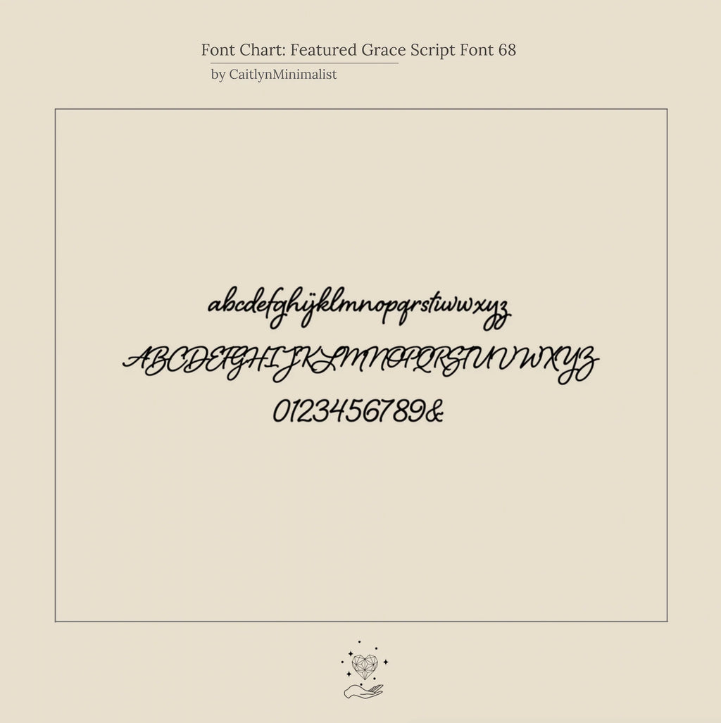 Grace Dainty Initial Necklace font chart displays cursive lowercase, uppercase letters, numbers, and an ampersand—ideal for creating your personalized or custom initial necklace.