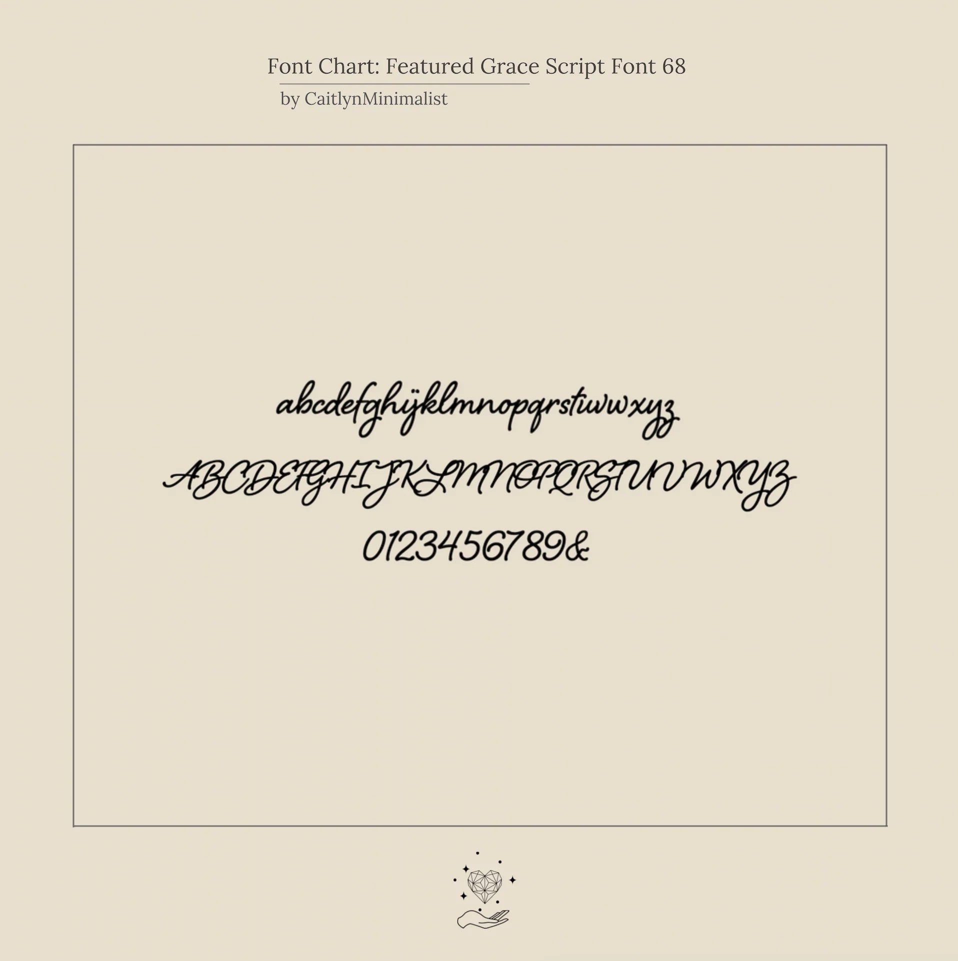 Grace Dainty Initial Necklace font chart displays cursive lowercase, uppercase letters, numbers, and an ampersand—ideal for creating your personalized or custom initial necklace.