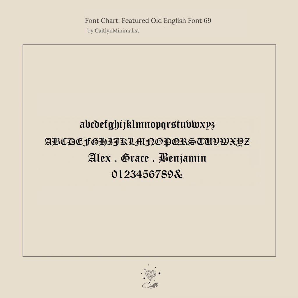 Font chart showing lowercase, uppercase, names, and numbers in an Old English style—ideal for creating custom number jewelry or vintage pieces like the Old English Spaced Number Necklace.