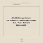 Font chart showing lowercase, uppercase, names, and numbers in an Old English style—ideal for creating custom number jewelry or vintage pieces like the Old English Spaced Number Necklace.