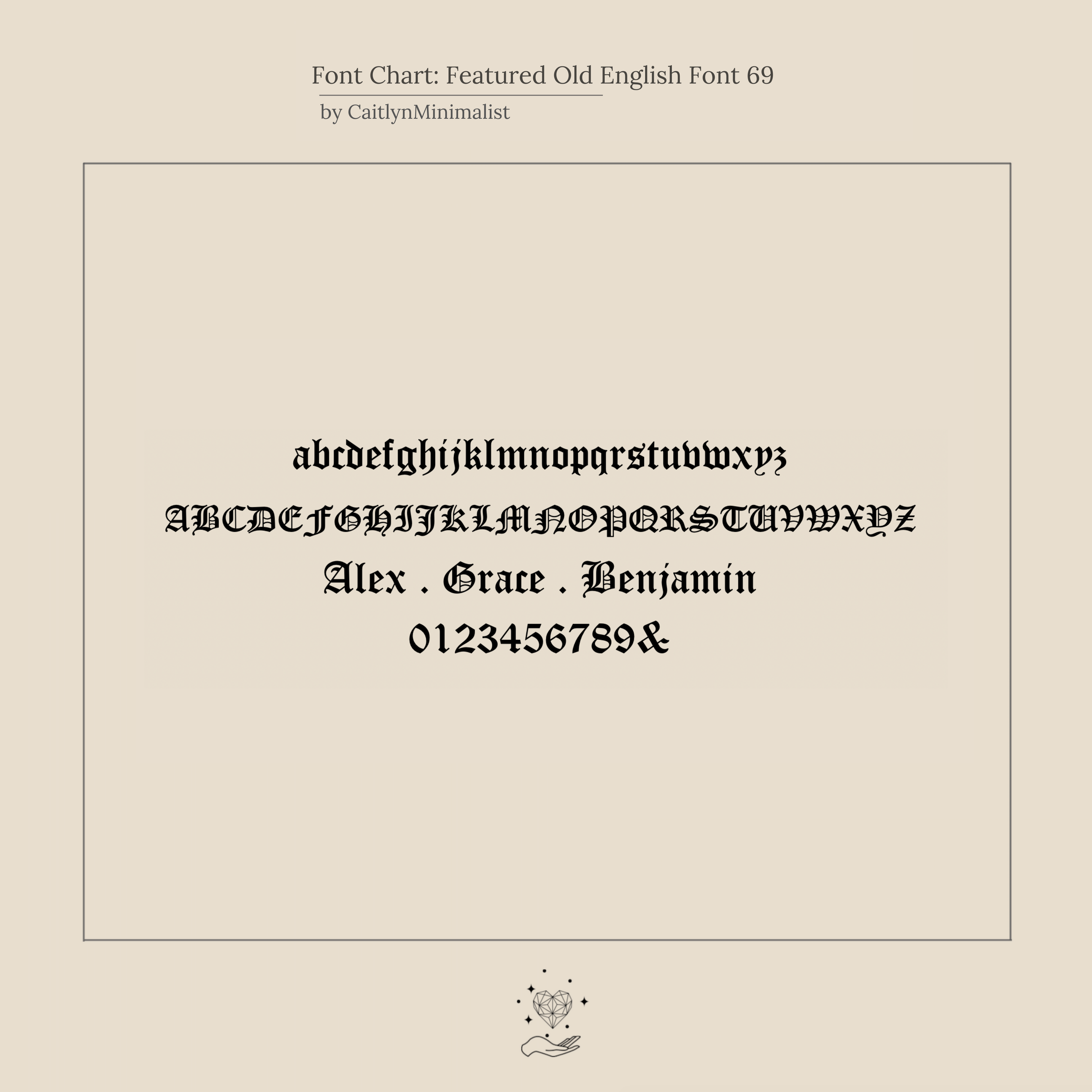Font chart showing lowercase, uppercase, names, and numbers in an Old English style—ideal for creating custom number jewelry or vintage pieces like the Old English Spaced Number Necklace.
