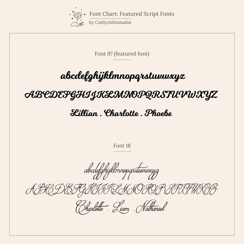 Font chart featuring two script fonts with sample text in lowercase, uppercase, and style names—ideal for selecting your font for the Mellow Name Necklace.