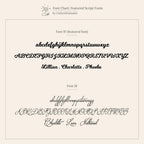 Font chart featuring two script fonts with sample text in lowercase, uppercase, and style names—ideal for selecting your font for the Mellow Name Necklace.