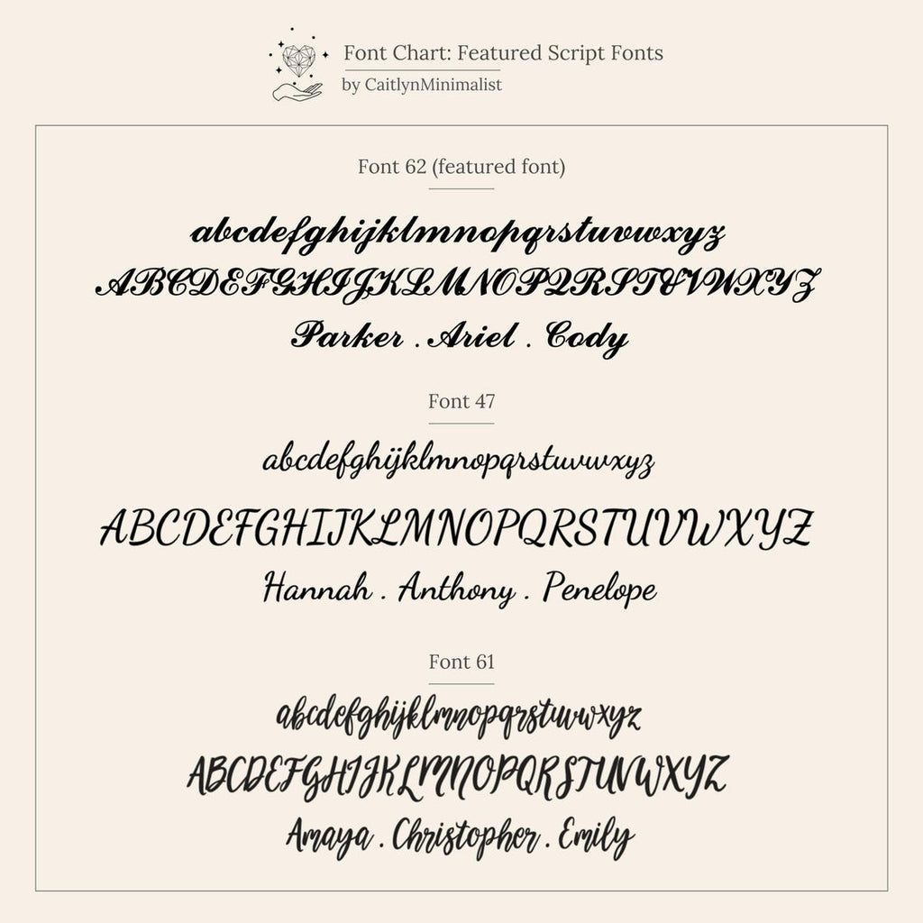 Font chart displaying three script fonts with example names in both uppercase and lowercase—ideal for customizing your Carrie Multiple Name Necklace.