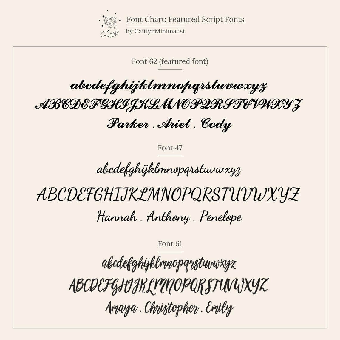 Font chart displaying three script fonts with example names in both uppercase and lowercase—ideal for customizing your Carrie Multiple Name Necklace.