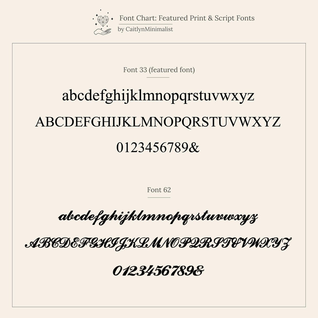 Font chart showcasing two featured fonts—one simple print, one elegant script—perfect for choosing your style when personalizing the Newsletter Pearl Initial Necklace in Sterling Silver.