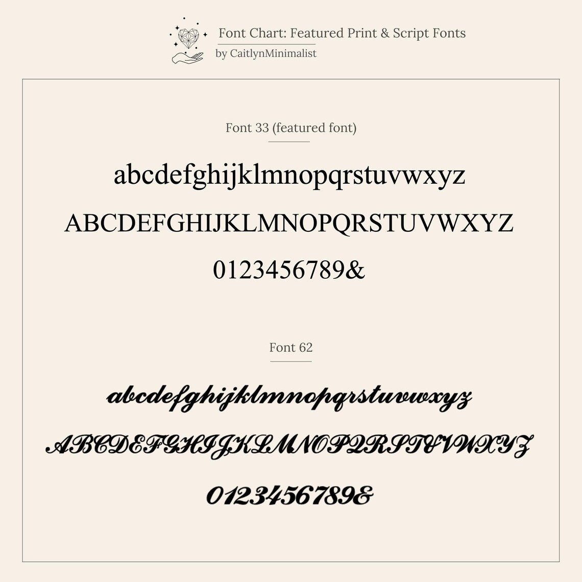 Font chart showcasing two featured fonts—one simple print, one elegant script—perfect for choosing your style when personalizing the Newsletter Pearl Initial Necklace in Sterling Silver.