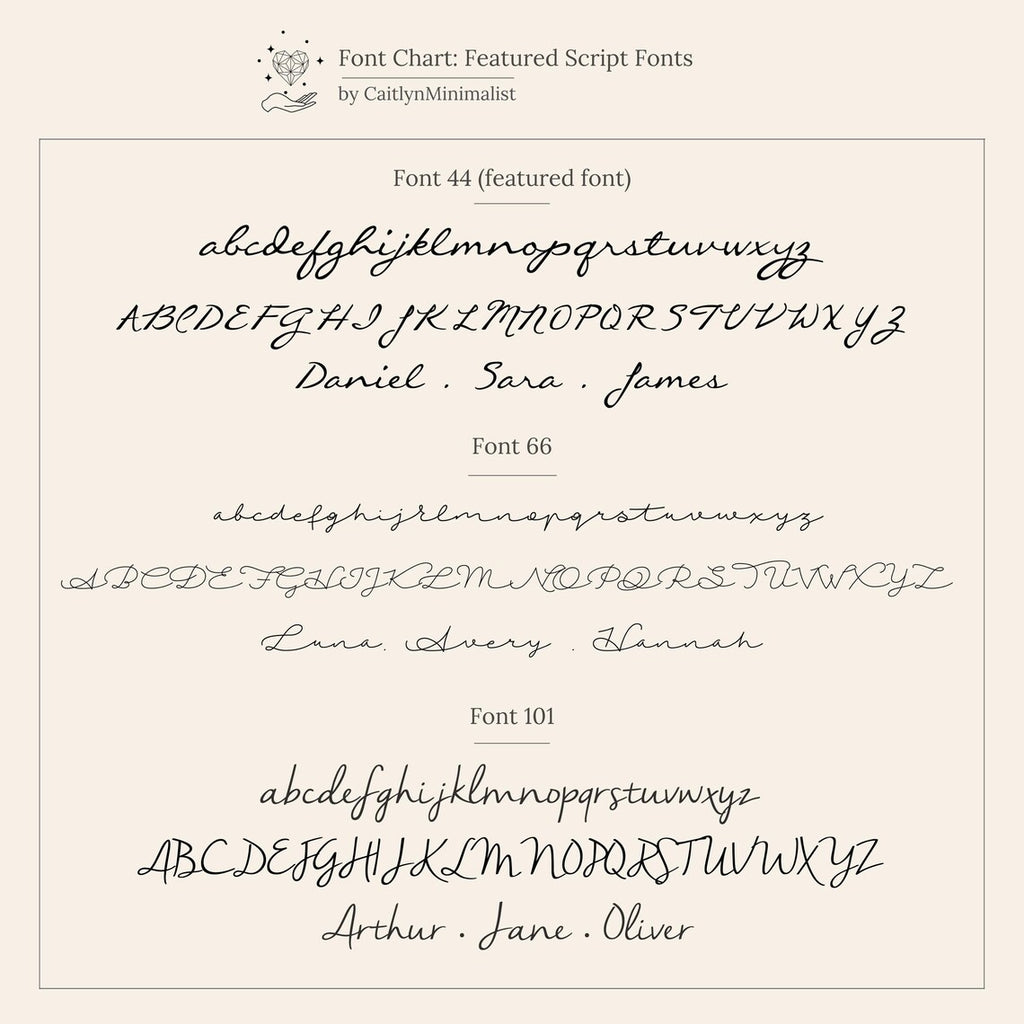 Three script fonts—Font 44, Font 66, and Font 101—shown on a beige background, ideal for customizing the Callie Box Chain Name Necklace in Sterling Silver with your chosen name or charm.