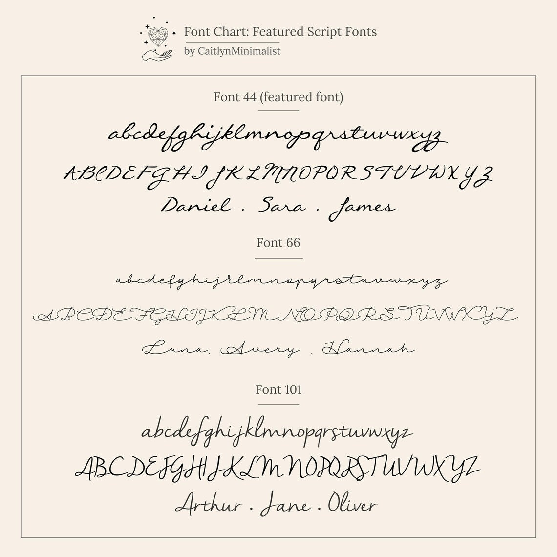 Three script fonts—Font 44, Font 66, and Font 101—shown on a beige background, ideal for customizing the Callie Box Chain Name Necklace in Sterling Silver with your chosen name or charm.