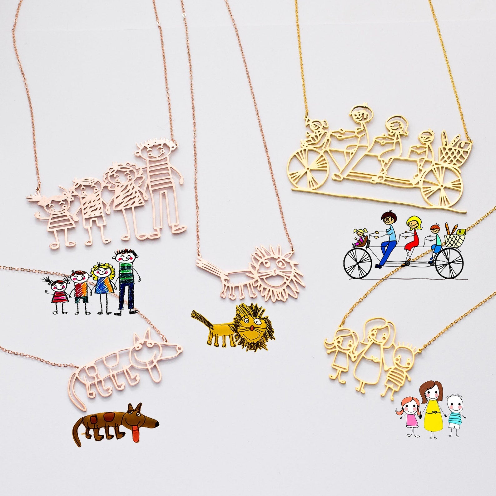 The Kids Drawing Necklace transforms your child’s drawings—families, animals, tandem bikes—into wearable art with matching sketches, making each necklace a unique and personalized gift.