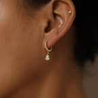 Close-up of an ear wearing Diamond Drop Huggies—gold hoop earrings encrusted with diamonds and featuring a teardrop-shaped gemstone, perfect for semi-formal styling.