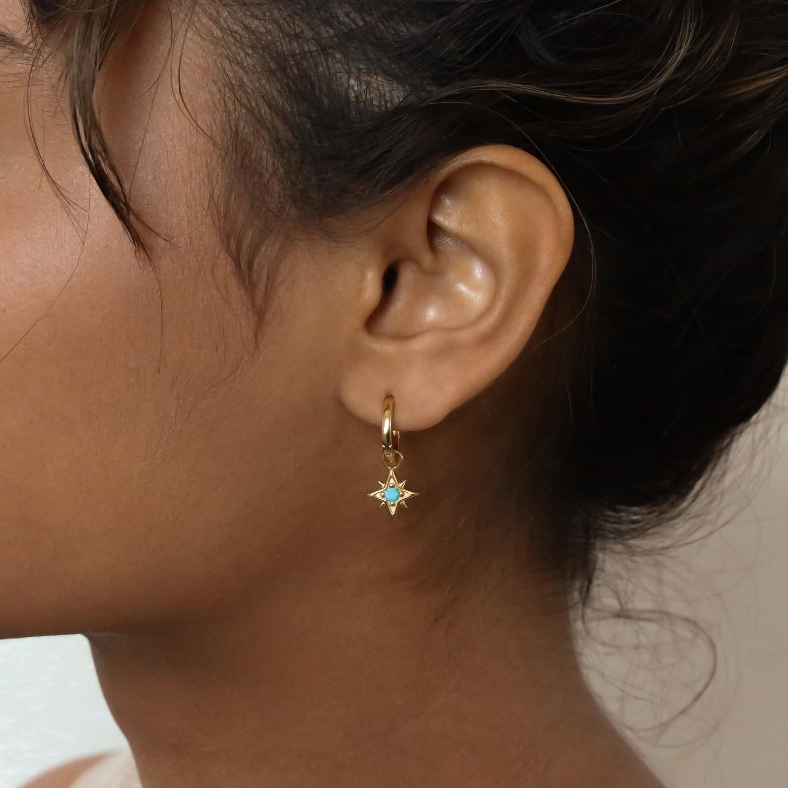 A close-up of a woman's ear wearing the Boho Turquoise Earring Set.