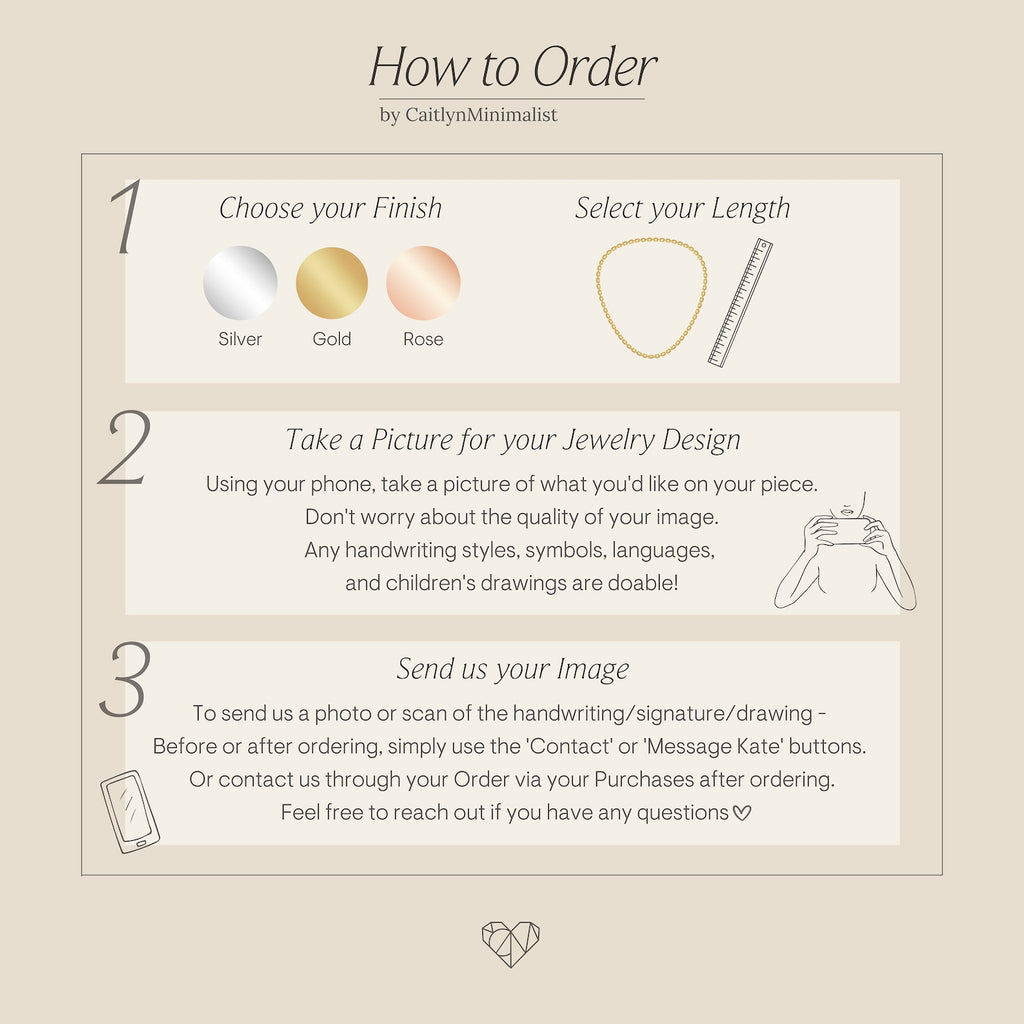 Infographic: 3 steps to order your Fingerprint Coin Necklace—pick your finish, select the chain length, upload a fingerprint photo. A unique personalized gift for Mother’s Day!.