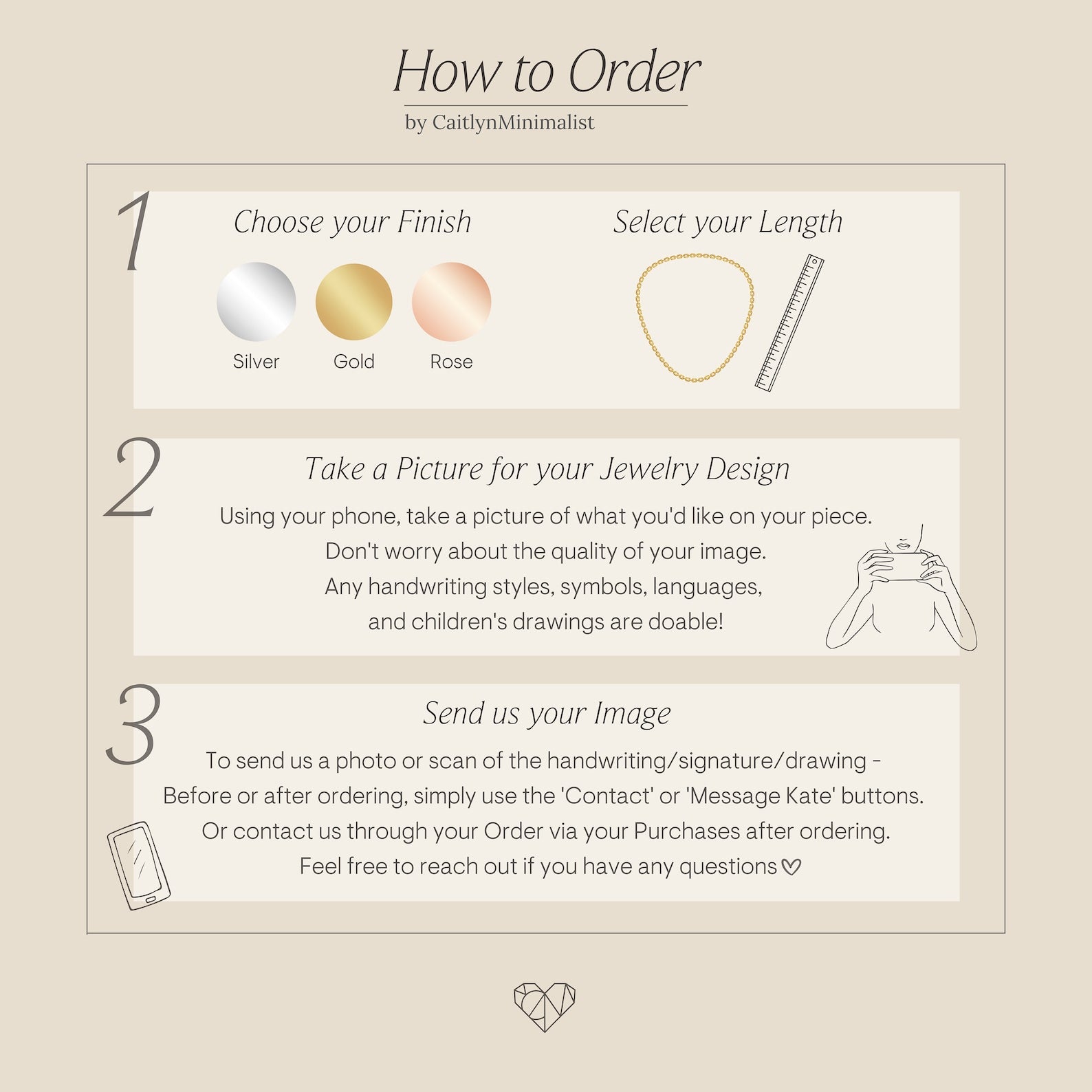 Infographic: 3 steps to order your Fingerprint Coin Necklace—pick your finish, select the chain length, upload a fingerprint photo. A unique personalized gift for Mother’s Day!.