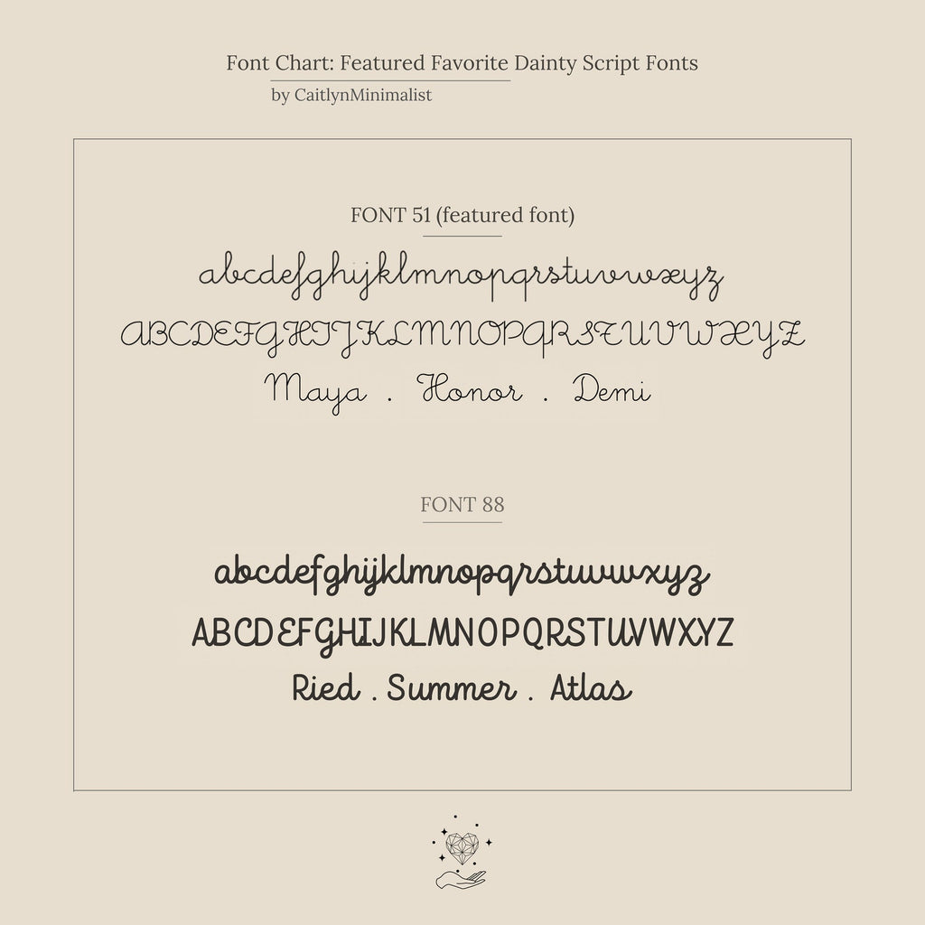 Font chart presenting two delicate script fonts with sample text and alphabets—ideal for designing or customizing a Tiny Multiple Name Bracelet in minimal, personalized jewelry style.