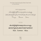 Font chart presenting two delicate script fonts with sample text and alphabets—ideal for designing or customizing a Tiny Multiple Name Bracelet in minimal, personalized jewelry style.