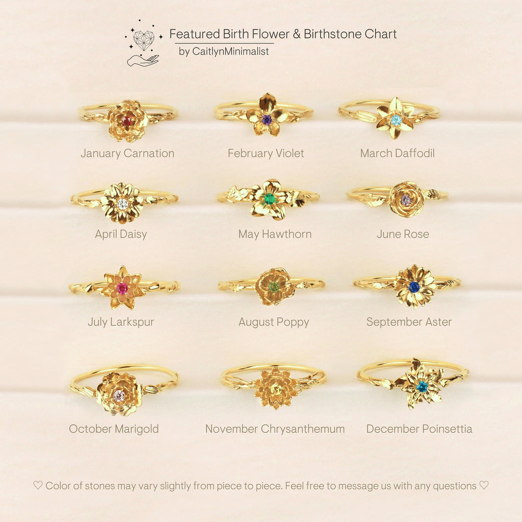 Twelve Flower Birthstone Rings, each showcasing a unique birth flower and stone for every month, are arranged in three rows on a cream background.