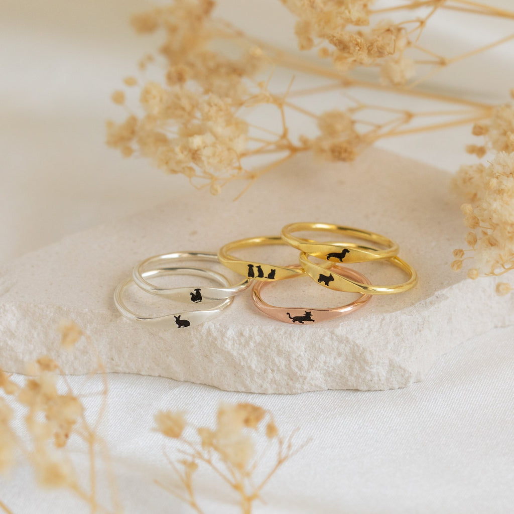 The Skinny Pet Ring set includes three gold and three silver stackable rings, each with tiny black cat silhouettes, arranged on a stone with dried flowers—ideal for fans of delicate jewelry.