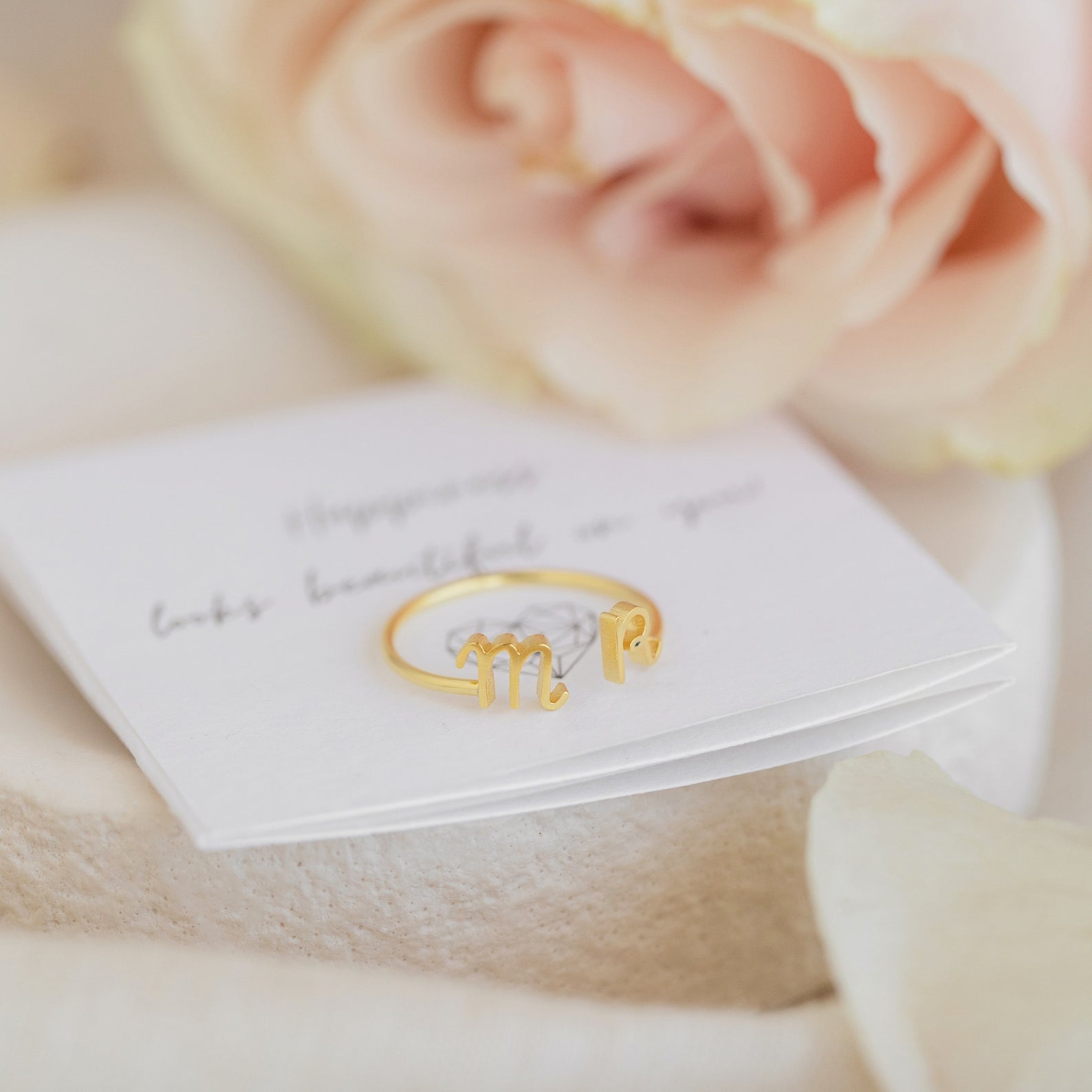 The Dainty Duo Initial Ring, featuring m and r initials on a white card with a pink rose in the background, makes a perfect personalized anniversary gift.