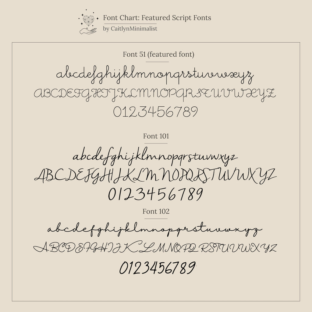 Font chart with three script styles—Font 51, Font 101, and Font 102—showing letters and numbers for customizing the Dainty Duo Initial Ring, making it a perfect personalized anniversary gift.