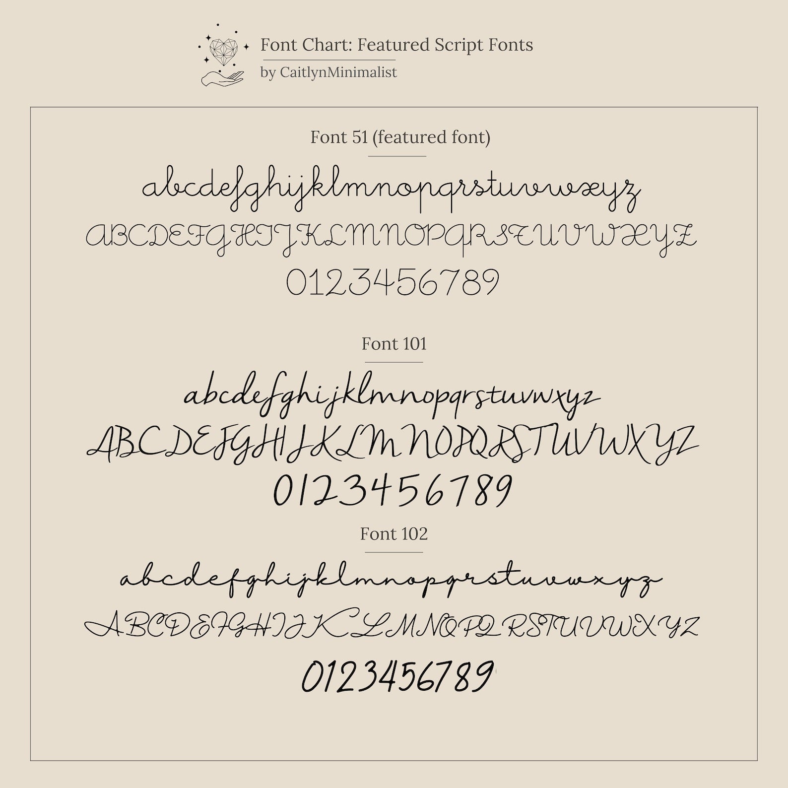 Font chart with three script styles—Font 51, Font 101, and Font 102—showing letters and numbers for customizing the Dainty Duo Initial Ring, making it a perfect personalized anniversary gift.