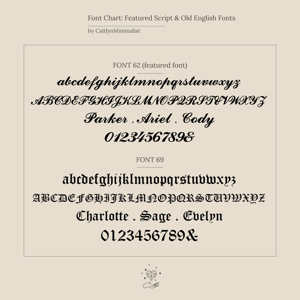 Font chart displaying two script fonts with uppercase, lowercase, numbers, and sample names—ideal for designing your personalized Carrie Signet Ring or a custom engraved jewelry piece.
