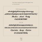 Font chart displaying two script fonts with uppercase, lowercase, numbers, and sample names—ideal for designing your personalized Carrie Signet Ring or a custom engraved jewelry piece.